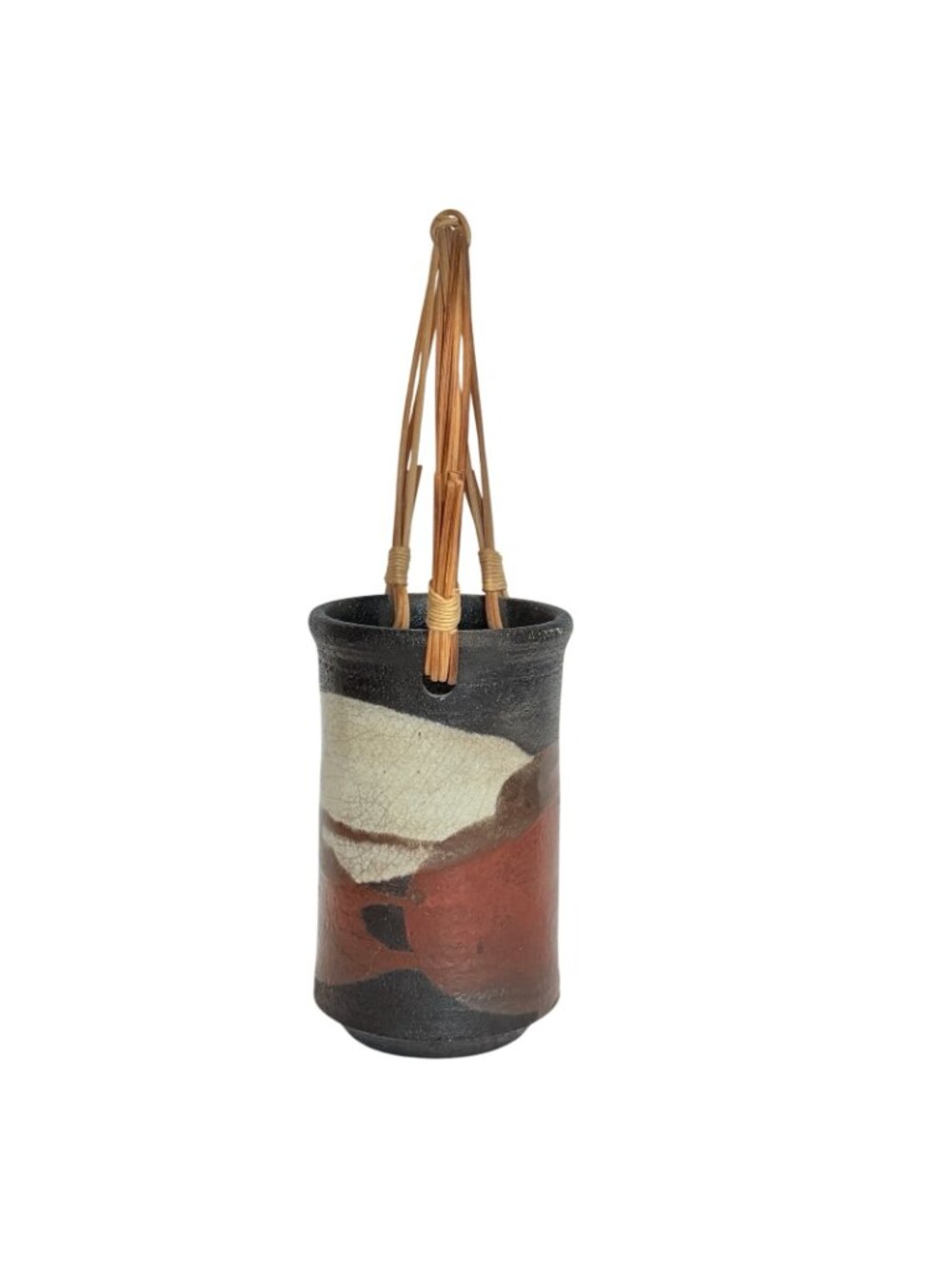 Warren Andrade Raku Pottery Vase 1999 Bamboo Handle Hawaii Artist 12"H w/ handle - Picture 3 of 8